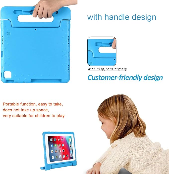 Kids Case for iPad Pro 12.9 inch 6th/5th/4th/3rd Generation 2022/2021/2020/2018 with Pencil Holder, Anti-Slip Handle Stand Lightweight Child Proof EVA Shockproof Rugged Kickstand Cover, Blue