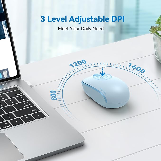 TECKNET Wireless Mouse, 2.4G Quiet Computer Mouse with USB Receiver, 4 Buttons Portable Cordless Mice for Chromebook, Laptop, PC, Mac, 800/1200/1600 DPI - Blue