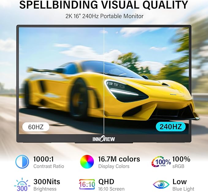 InnoView 16" 240Hz Portable Monitor 2K 2560x1600 100% sRGB Portable Gaming Monitor Laptop Monitors Built-in Speakers 180° Adjustable Type-C HDMI Laptop Screen Extender for Surface Pro PS5 Switch Xbox