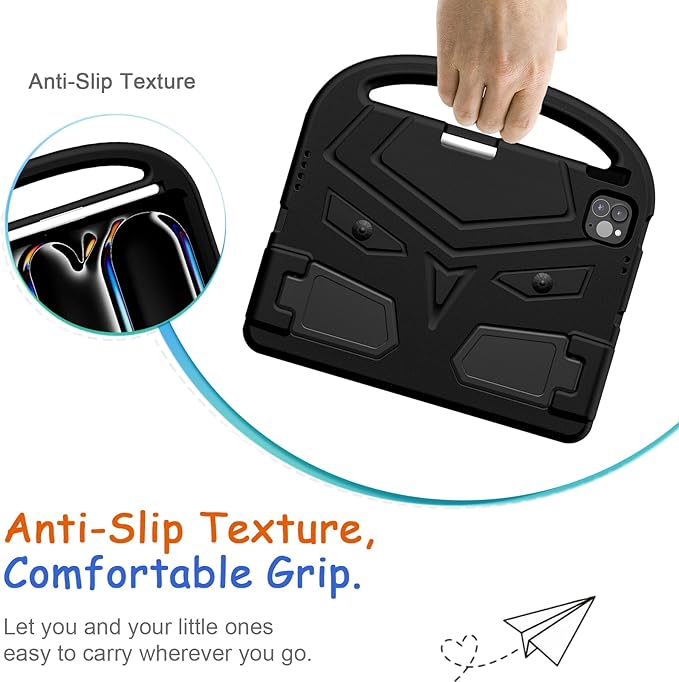 Kids Case for iPad Pro 11" M5 2025/M4 2024 & iPad Air 11" M3 2025/M2 2024, Techcircle Child Shock Proof EVA Protective [Support Pencil Charging] Handle Stand Cover, Black