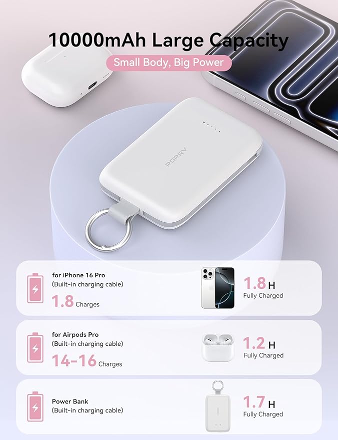 RORRY CharmGo Portable Charger, 10000mAh PD 30W Fast Charging Portable Charger Power Bank with Built-in Cables, Travel Keychain Charger Battery Pack for iPhone 17/16/15, for AirPods 2/3/4/Pro, Pink
