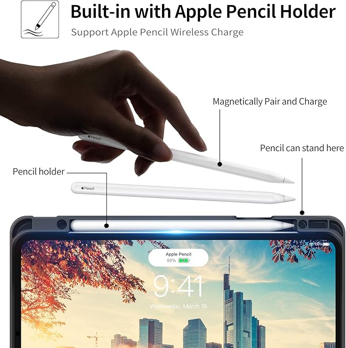 H HOLIMET Case for iPad Pro 12.9 6th/5th/4th/3rd Generation 2022 2021 2020 2018 with Pencil Holder Pocket Folio Stand Cover Soft TPU Back Shockproof, Auto Sleep/Wake, Vegan Leather