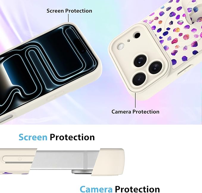 KANGHAR Compatible with iPhone 17 Pro Case, Support for MagSafe, Silicone Cute Iridescent Pattern Leopard Print Cheetah, Wristband Kickstand Shockproof Soft Slim Cover for Girls Women, White