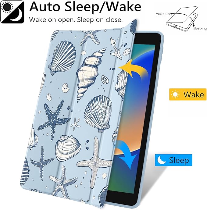 JOYLAND Sea Shells Case for iPad Pro 13-inch (M4) 2024, Clear Acrylic Hard Back Ice Blue Case with Pencil Holder Trifold Stand Tablet Cover (Model Number:A2925/A2926/A3007)
