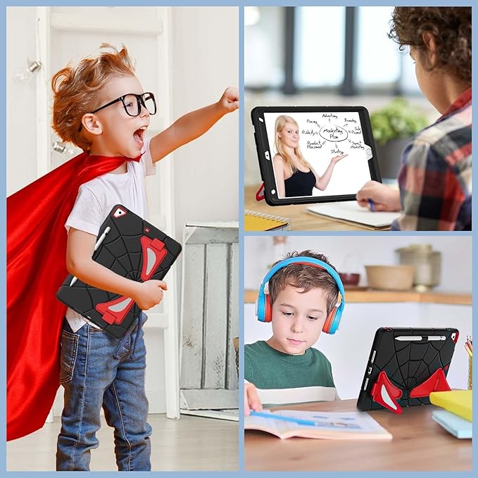 AKABEILA Compatible with Apple iPad 10.2 7th 8th 9th(2019/2020/2021) Tablet Case，Lightweight Shockproof Rugged Protective Cover with Kickstand for Kids Children Boys Babies Black Red
