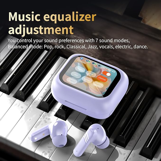 Touch screen earbuds Wireless Earbuds - Active Noise Cancelling Earbuds ANC with Smart Touch Screen - Ear Earbuds with Wireless Charging Case LED Display Deep Bass Earphones Headset with Built (C)