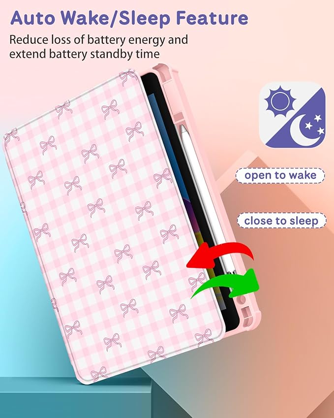 Uppuppy for iPad Air 13 inch Case(Air M4 2026/M3 2025/M2 2024), for iPad Pro 12.9 Case(6th/5th/4th/3rd/2nd/1st Gen) - 360 Rotating Smart Folio Cover with Pencil Holder for Women Girls, Pink Bow Plaid