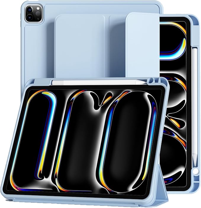 Case for iPad Pro 11 inch (M5/M4) 2025/2024 with Pencil Holder,Tri-Fold Stand Cover, Protective Soft TPU Back&Shockproof Air Corner,Supports Apple Pencil Pro, Auto Wake/Sleep (Sky Blue)