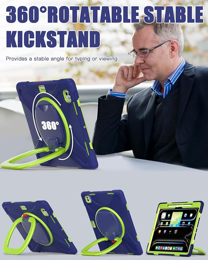 BRAECN for iPad Pro 13 Inch Case (M5/M4) 2025/2024, Shockproof Rugged Silicone Cover with 360°Rotating Handle Grip, Shoulder Strap, Pencil Holder & Ultra Stable Kickstand for Pro 13 Inch, Navy Green