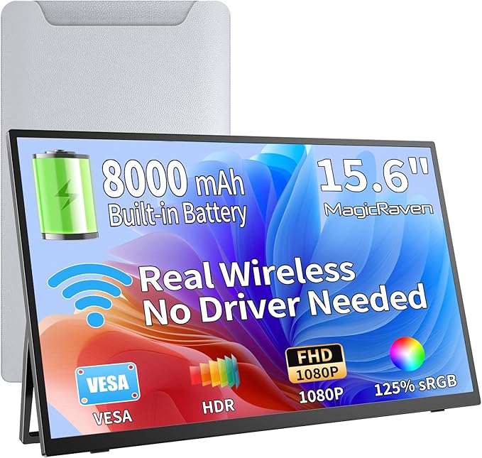Wireless Portable Monitor with 8000mAh Battery- 15.6" 1080P IPS Second Screen for Travel/Office, AirPlay & Miracast Casting, Up to 5 hrs Use, No Cables or Drivers Needed, Works with Laptop/PC/Phone