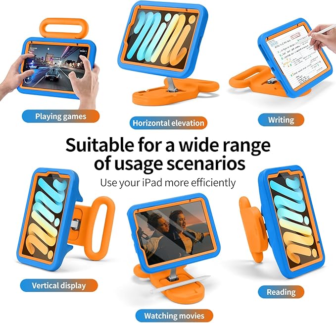 Kids Case for iPad mini 7 (A17 Pro) 2024 /iPad Mini6 2021,Adjustable Portrait/Landscape Stand//Drop Proof with Handle/Kickstand,Child Friendly Case for iPad mini 7th/6th Gen 8.3inch (Blueorange)