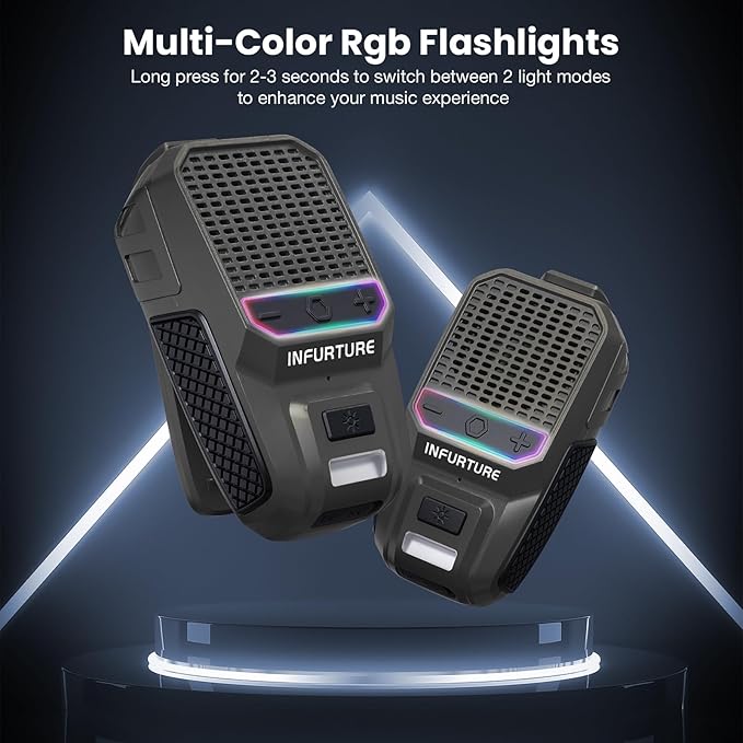 Wearable Waterproof Bluetooth Speaker with RGB/Flashlight-Clip-On Portable Speaker (Non-Magnetic)-Built-in Noise Reduction Mic for Hands-Free Music/Calls-for Work/Riding/Golf/Outdoor (Black)