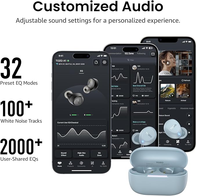 TOZO A1 Wireless Earbuds Bluetooth 5.3 Light Weight in Ear IPX5 Waterproof Headphones 2 Mic for AI Calls, Immersive Premium Sound Bass Headset with Charging Case, 32 Presets EQ Customization via App