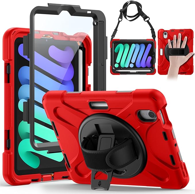 Gerutek Case for iPad mini 7 (A17 Pro) 2024/Mini 6 2021 8.3 inch, Shockproof Cover for iPad mini 7/6th Generation with Screen Protector, 360° Rotating Stand, Hand/Shoulder Strap, Pencil Holder-Red