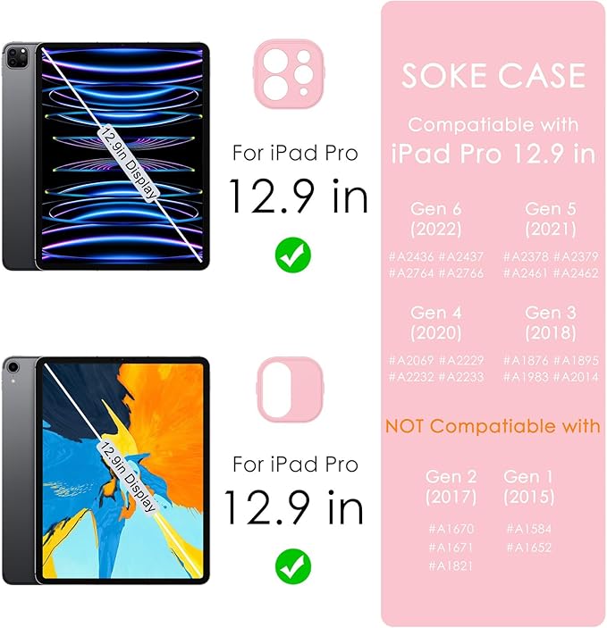 Soke Case for iPad Pro 12.9 Inch (6th/5th/4th/3rd Generation, 2022/2021/2020/2018) - Pencil Holder + Auto Sleep/Wake + Camera Protection, Transparent Shockproof Back Cover, Pink
