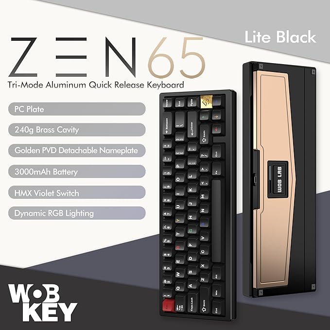 KEEBMONKEY WOBKEY Zen 65 65% Quick Release Wireless Mechanical Keyboard with RGB, CNC Aluminum Case, Hot-Swappable, VIA Support, BT/2.4G/USB-C Gaming Keyboard for Mac/Windows (Lite Black)