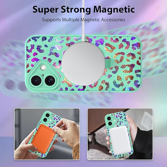 KANGHAR Compatible with iPhone 16 Case, Support for MagSafe, Silicone Cute Iridescent Leopard Cheetah Pattern, Wristband Kickstand Shockproof Protective Slim Cover for Women Girls, Green