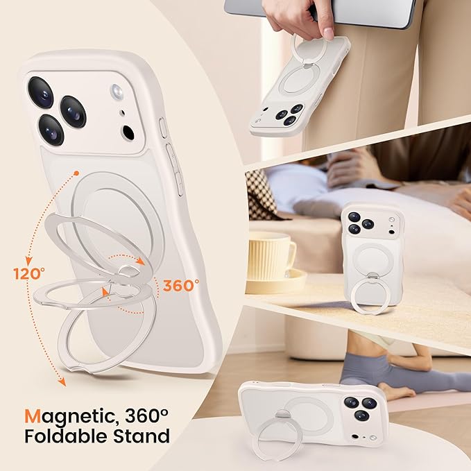 CAPRARO for iPhone 17 Pro Case with 360° Spin Magnetic Stand for Women, [Compatible with MagSafe] [Full Camera Protection] Cute Wave Translucent Matte Case for iPhone 17 Pro, Stone