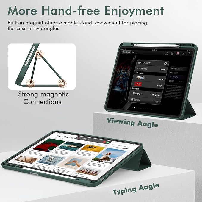 ZryXal New iPad Air 13 Inch Case M3 2025/M2 2024 with Pencil Holder, Trifold Stand Smart Case with Soft TPU Back,Auto Wake/Sleep(Midnight Green)
