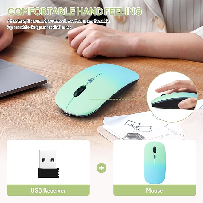 Wireless Bluetooth Mouse,LED Dual Mode Rechargeable Silent Slim Laptop Mouse,Portable(BT5.2+USB Receiver) Dual Mode Computer Mice,for Laptop,Desktop Computer,ipad Tablet,Phone,Mac(Greenish blue)