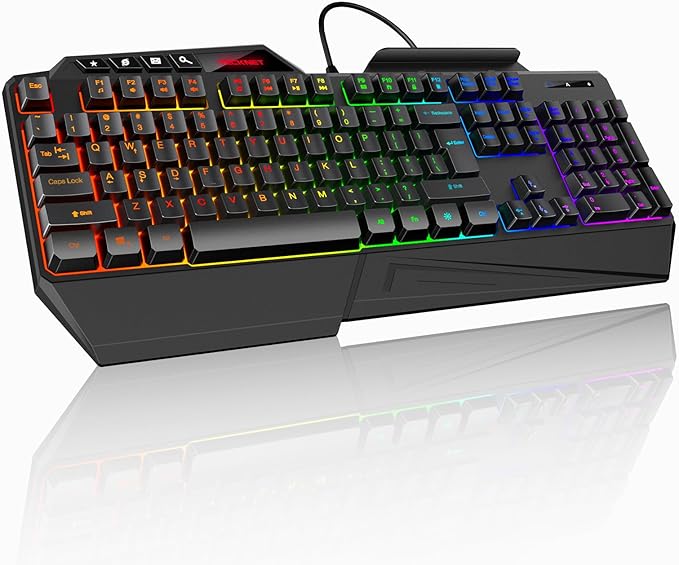 TECKNET Wired RGB Gaming Keyboard - 26-Key Anti-Ghosting, 13 Lighting Modes, Spill-Resistant, 108 Membrane Keys, Plug & Play - with Ergonomic Wrist Rest & Phone Holder for Windows/Mac (Black)