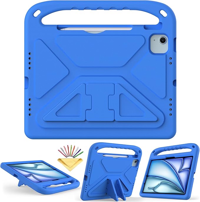 Kids Case for iPad Air 11 inch M4/M3/M2 (2026/2025/2024) & iPad Pro 11 inch M5/M4 (2025/2024) with Pencil Holder/Handle/Kickstand Lightweight Shockproof Cute Soft EVA Foam Stand Cover, Blue