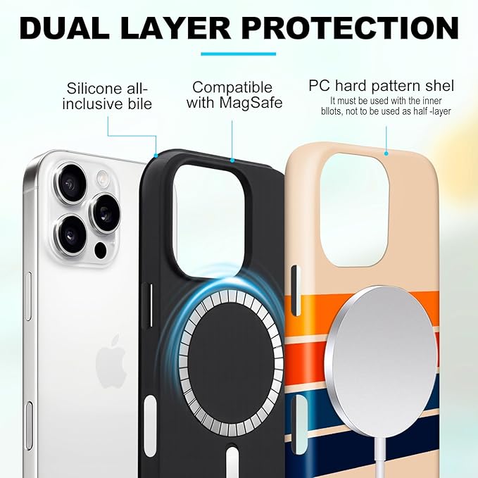 Magnetic for iPhone 15 Pro Max Case Cute Stripes Phone Case, Shockproof Slim TPU and Hard PC Protective Phone Cover Compatible with MagSafe Designed for Women Girls,Retro