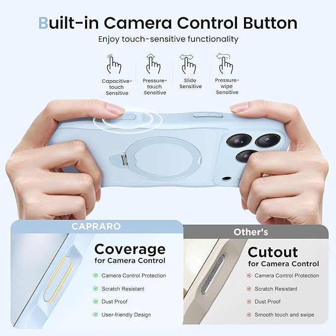 CAPRARO for iPhone 17 Pro Max Case with 360° Spin Magnetic Stand for Women, [Compatible with MagSafe] [Full Camera Protection] Cute Wave Translucent Matte Case for iPhone 17 Pro Max, Light Blue