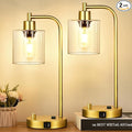 Lynnoland Set of 2 Industrial Table Lamps with USB Port, Gold Fully Stepless Dimmable Bedside Lamps for bedrooms, Nightstand Desk Lamp with Clear Glass Shade for Reading Living Room Office 2 LED Bulb
