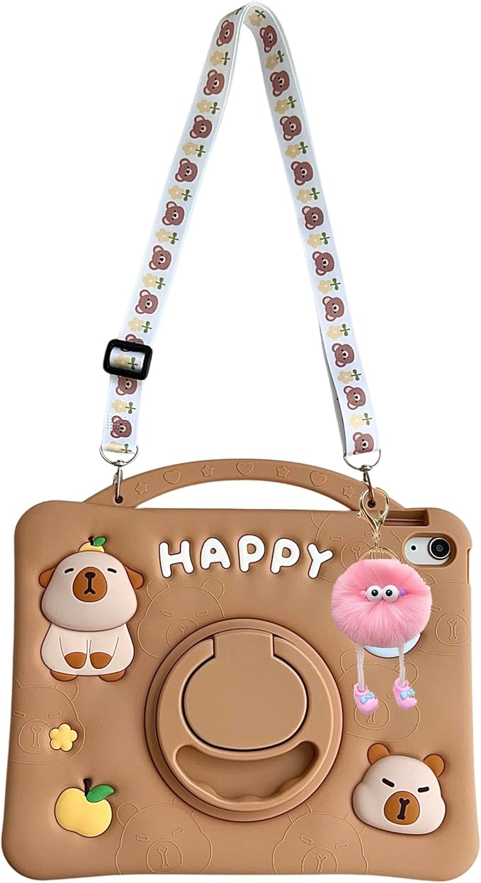 3D Kawaii Cute Press Capybara Case for iPad mini 1st 2nd 3rd 4th 5th Gen 7.9 inch,Cartoon Character Capybara Soft Silicone Rotating Stand Case with Lanyard for Kids Teens Girls Women