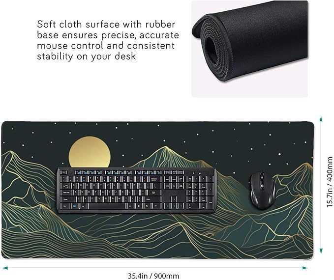 Large Gaming Mouse Pad Golden Mountain Line Moon Mouse Pad with Stitched Edges & Nonslip Rubber Base Extended XXL Long Mousepad Big Desk Mat for Company Office Work, 35.4 x 15.7 in