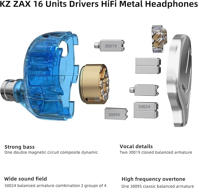 KZ Zax in Ear Headphones 7BA+1DD Hybrid 16 Drivers HiFi Noise Isolation Wired Earbuds, Zin Alloy Shell Metal Earphone in Ear Monitor with 3.5mm Jack Detachable 2Pin Cable (with mic, Silver)