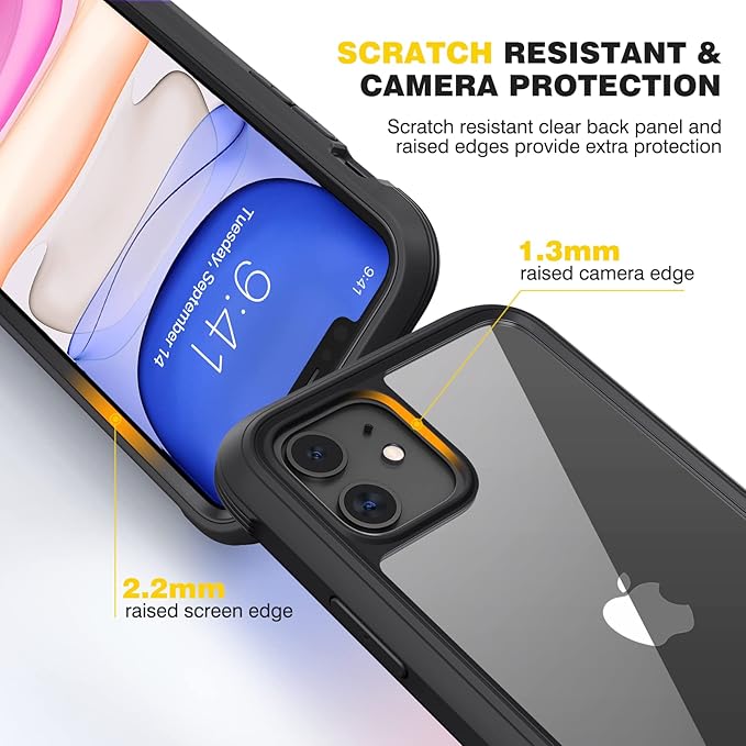 Diaclara Compatible with iPhone 11 Case, Full Body Rugged with Built-in Touch Sensitive Anti-Scratch Screen Protector, Soft TPU Bumper Case Clear Compatible with iPhone 11 6.1" (Black and Clear)