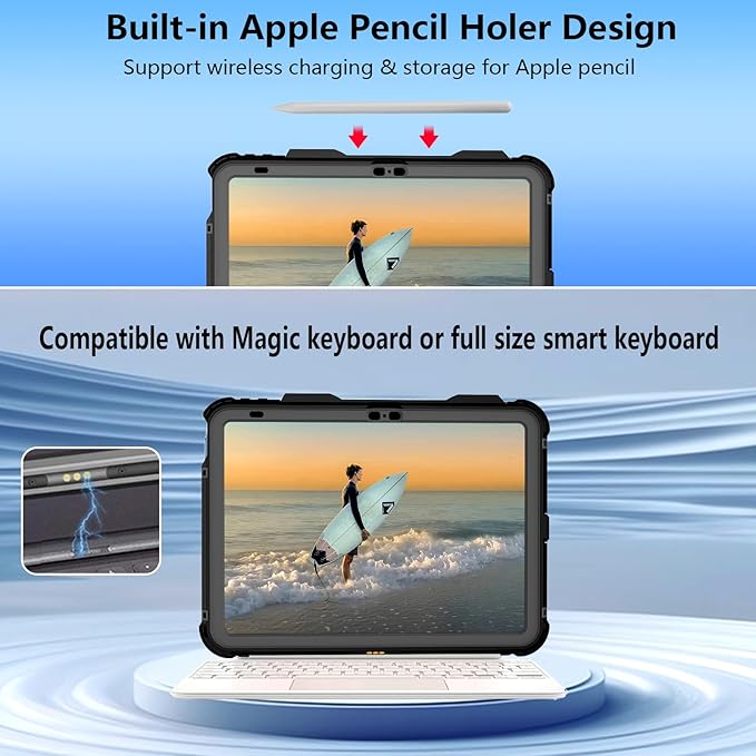 Waterproof Case for Apple iPad 11(A16) 2025/10th Gen 10.9 inches, Built-in Apple Pencil Holder Camera Screen Protector, Fit with Magic Keyboard, 360 Full Body Protective Pad Cover, Black