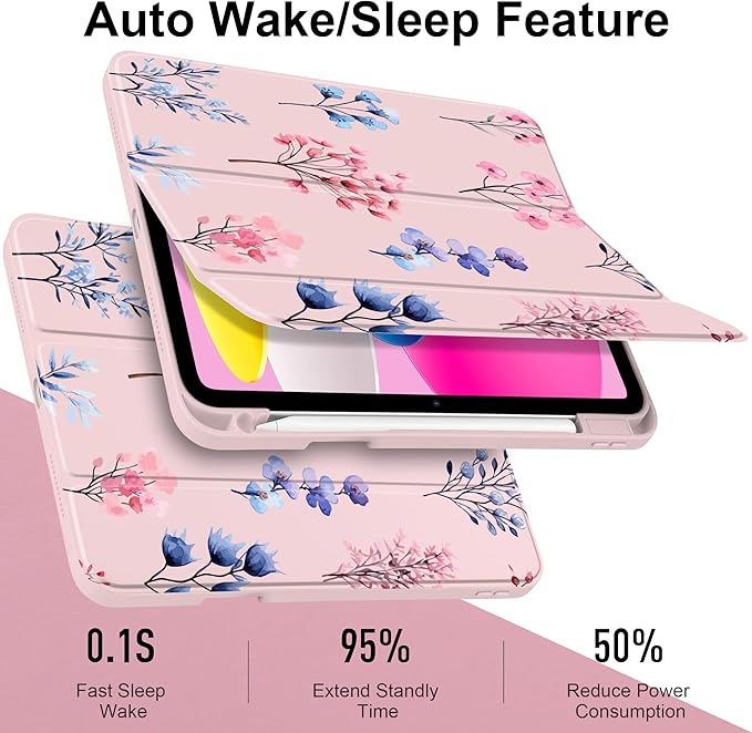 Case for iPad Air 13 inch 2026 M4 2025 M3 2024 M2 Release Slim Shockproof Cute Light Pink Cover with Clear Back TPU Edge Pencil Holder Trifold Stand Auto Wake Sleep, Hand-Drawn Florals