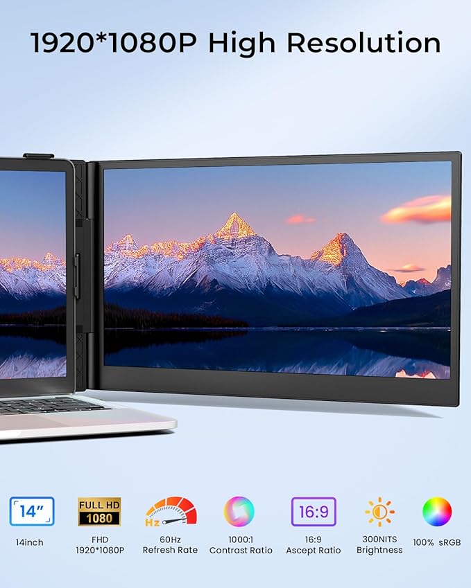 Cevaton Laptop Screen Extender, 14.1" Ultra-Slim & Lightweight Portable Monitor for 13"-17" Laptops, 1080P FHD Dual Monitor, One Cable Connection, Compatible with Wins/Mac/Android/Linux/Chrome