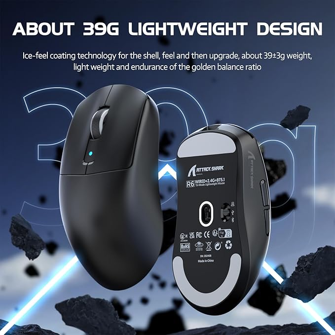 ATTACK SHARK R6 39g SUPERLIGHT Gaming Mouse, PixArt PAW3950MAX Gaming Sensor, Wireless 8K Mouse, MCU Nodic 52840, BT/2.4G/Wired Gaming Mouse, Adjustable DPI 42000, for Win11/Xbox/PS/Mac -Black