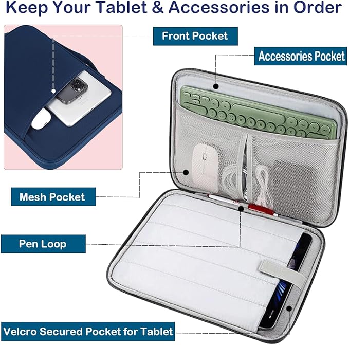 CAAORDKSO 9-11 Inch Tablet Sleeve Case for iPad 11 inch A16, 11" iPad Air/Pro, Amazon Fire HD 10 Tablet/Fire Max 11, 11” Samsung Galaxy Tab A9+/ S8/ S7/ S6, 9.7 10.2" 10.5" 10.9" iPad Bag, Navy Blue