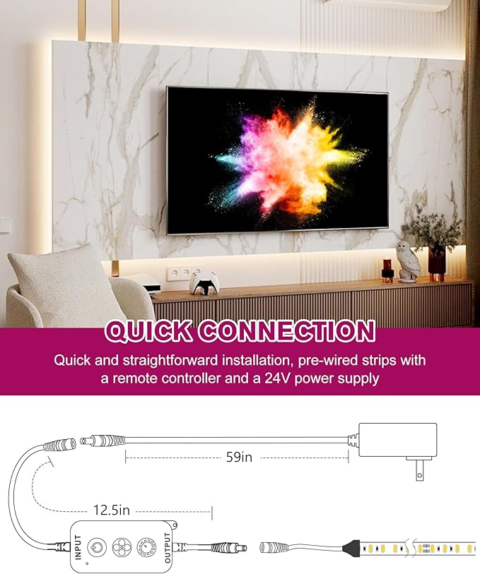 EMITEVER LED Strip Lights Kit Neutral White with Remote & 24V Power Supply,16.4ft Dimmable Tape Light 4000K, High Density 600LEDs, 240+LM/FT, CRI95+, Suitable for Bedroom Kitchen Cabinet Lighting