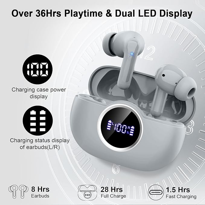 Wireless Headphones, 2026 Bass-3.0 Bluetooth 5.4 Earbuds 3D-Stereo Ear Buds, 4 ENC Noise Cancelling Mic, 40+Hrs USB-C in-Ear Earphones, IP-X7 Waterproof Sport Workout Gym for Laptop Pad Android iOS