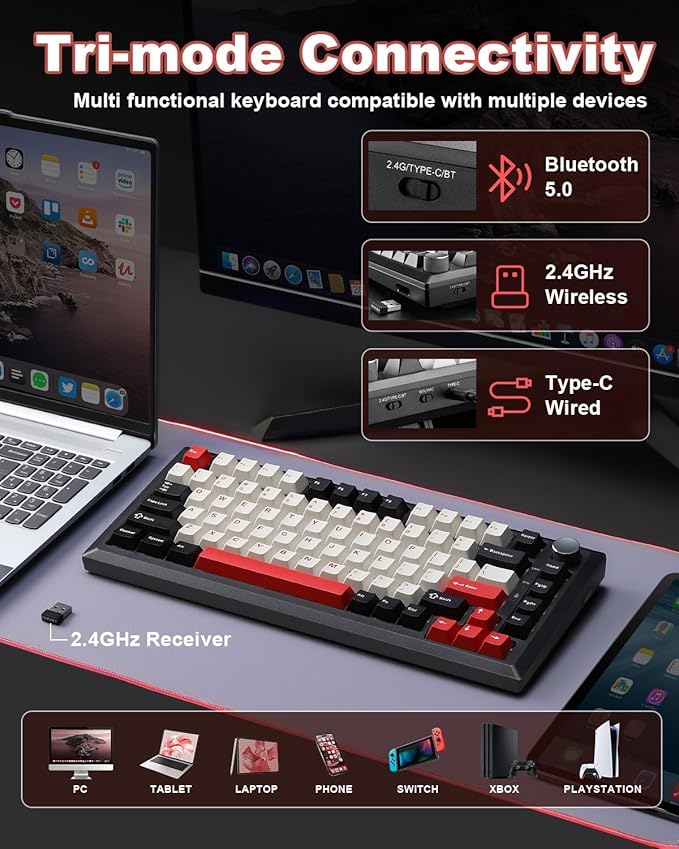 Y75 Wireless Mechanical Keyboard,75% Hot Swappable Custom Keyboard with Knob,RGB Backlit, PBT Keycaps,2.4GHz/USB-C/BT5.0 Mechanical Gaming Keyboards(Black&Red,Milk Switch)