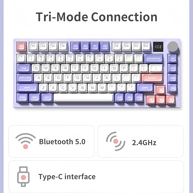 FKZ K75 Barebone 75% Hot Swap Tri-Mode Bluetooth 5.0/2.4G Wireless/Type-C Wired RGB Mechanical Gaming Keyboard With Knob Screen Gasket PCB Mount Custom DIY Kit (Purple)