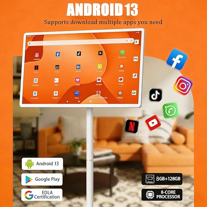 21.5"/24"/27"/32" Portable Smart Screen On Wheels, 4K Touchscreen Display, Build-in 4K Camera, Rolling TV, Built-in Battery (6-8H), Remote Control, 8+128GB Storage 21.5inches