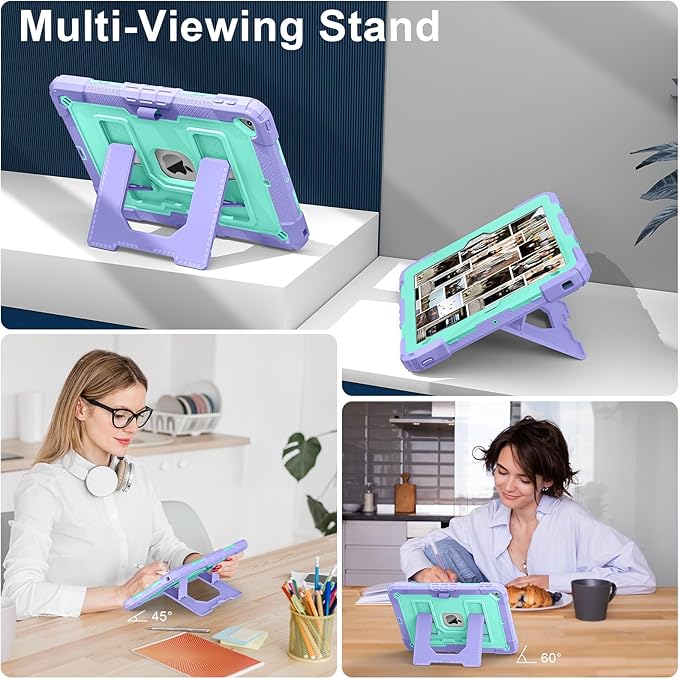 Kids Friendly Case for Apple iPad 10.2" 9th 8th 7th Generation 2021/2020/2019 Case with Pencil Holder & Shoulder Strap, Military Grade Shockproof Kickstand Hard Shell Protective Cover,Purple+Mint