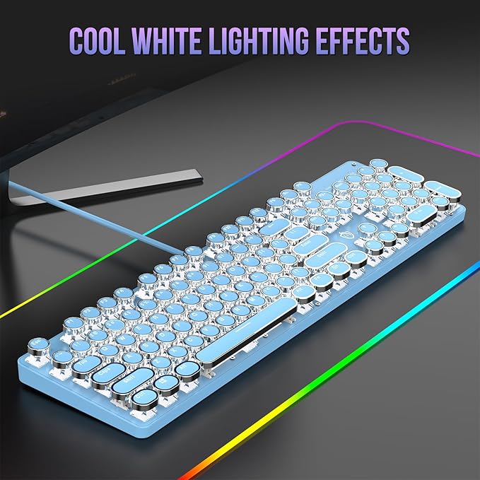 Typewriter Mechanical Gaming Keyboard with RGB Backlit Red Switches, 104 Keys Retro Round Keycap, Wired Typewriter Style Comfortable Typing Soud (Blue)