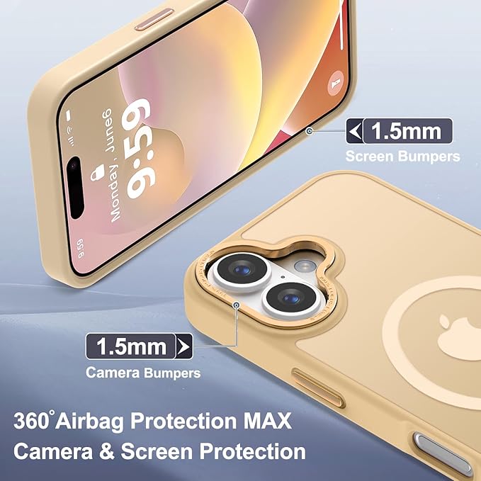 Newfuture Designed for iPhone 16 Case with Magnetic [13 FT Military Drop Protection] [Compatible with Magsafe] Slim Translucent Matte Shockproof with Anti-Fingerprint Phone Case, Creamy Yellow