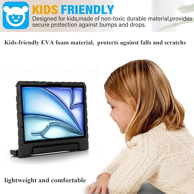 Kids Case for iPad Pro 11 inch M5/M4 (2025/2024) with Pencil Holder/Convertible Handle Stand Shockproof Slim Lightweight Cute Soft EVA Heavy Duty Rugged Kickstand Cover for Children, Black
