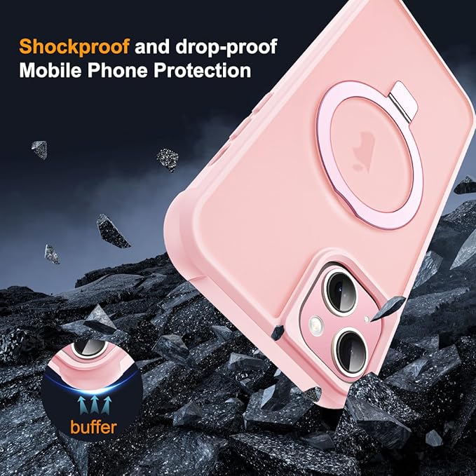 SKYLMW Compatible with iPhone 14 Plus Case with Invisible Magnetic O-Ring Stand Military-Grade Translucent Case for iPhone 14 Plus 6.7" [Compatible with Mag-Safe][Great Grip Feeling], Pink