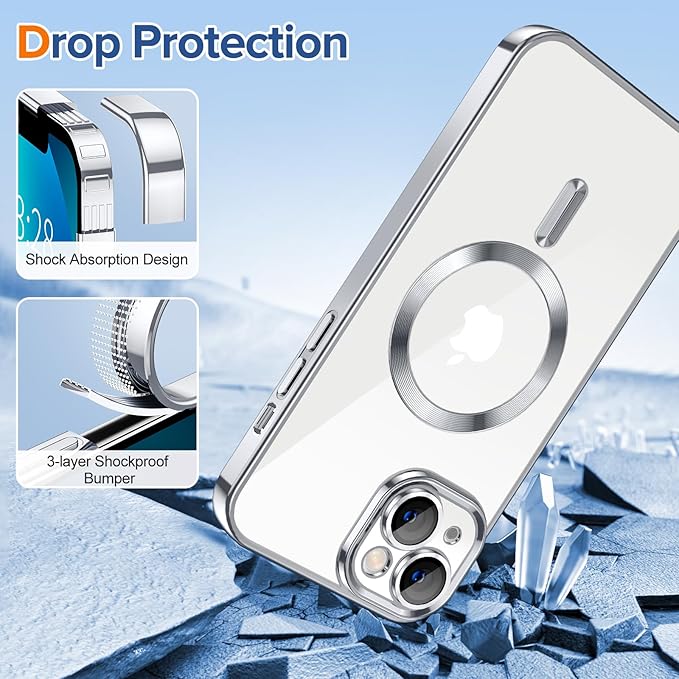 Hython Magnetic Clear for iPhone 13 Case with Camera Lens Protector [Compatible with MagSafe] Luxury Plating Edge Slim Soft TPU Cover Protective Phone Case for iPhone 13 6.1", Silver