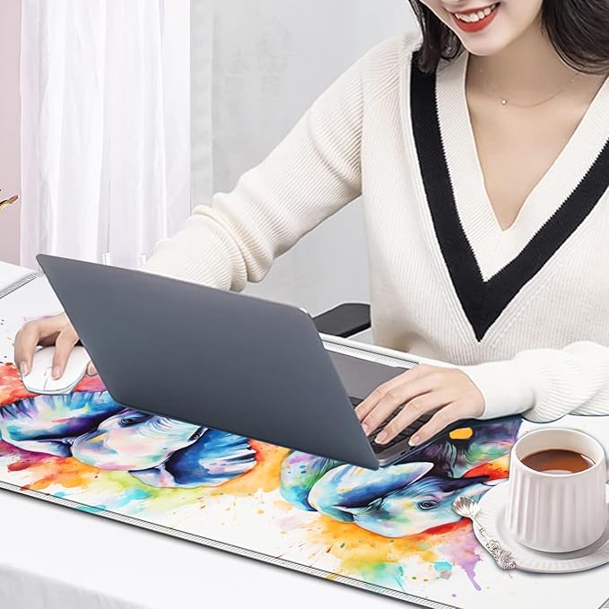 Large Mouse Pad, 31.5 x 11.8in Extended Gaming Mouse Pad with Stitched Edges, XXL Mousepad Protector Non Slip Rubber Base for Office and Home Writing Mat, Painted Cute Elephant Pattern White Desk Mat